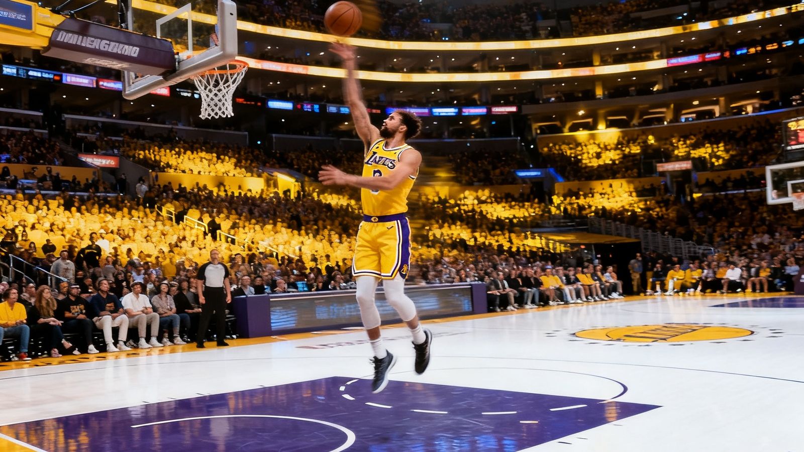 NBA季后赛直播画面截图，洛杉矶湖人队球员在三分线外起跳投篮，球馆内观众席座无虚席，灯光璀璨
